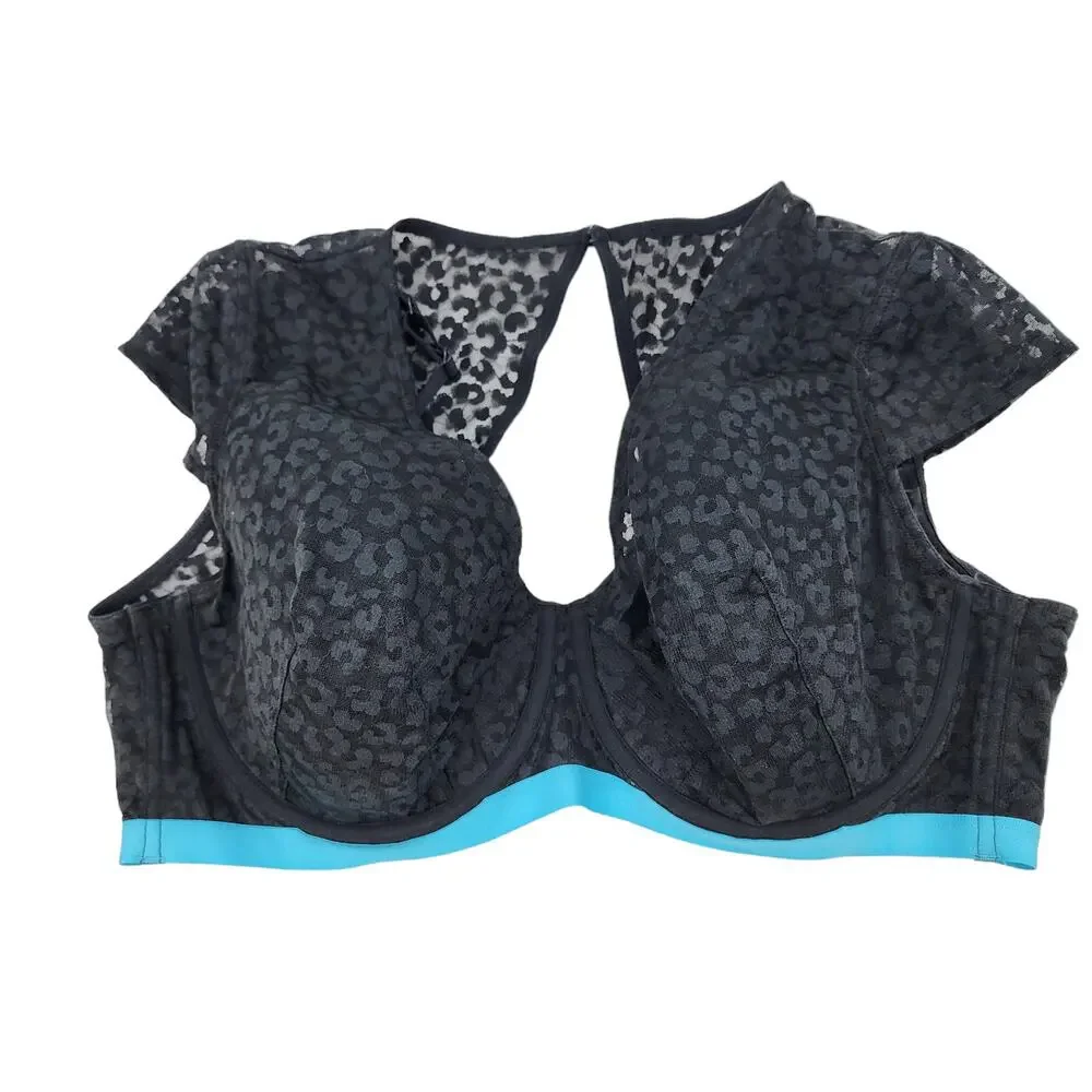 Cacique Black Lace Unlined Balconette Lace Overlay with Cap Sleeves Size 46D